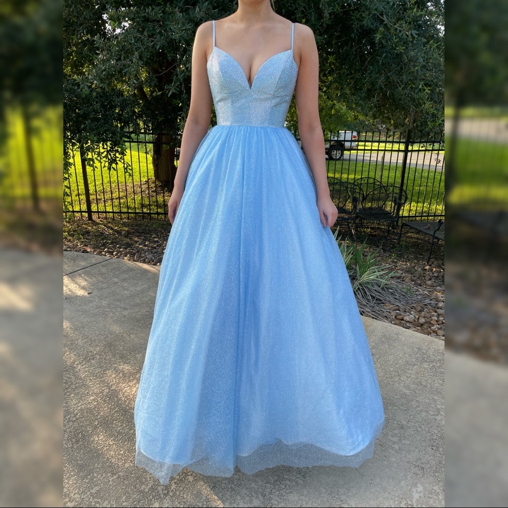 Sherri Hill Blue Sparkly Organza Ball Gown